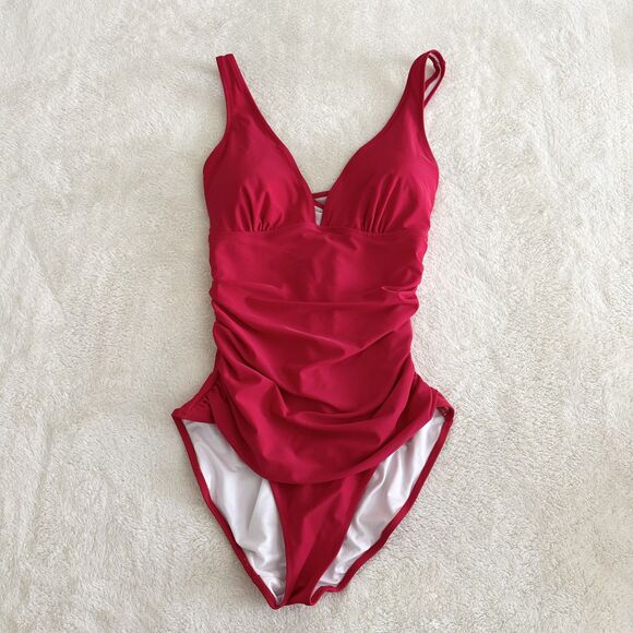 Women’s Red One Piece Swimsuit XL Ruched Tummy Control V Neck Cross Back - Picture 1 of 5